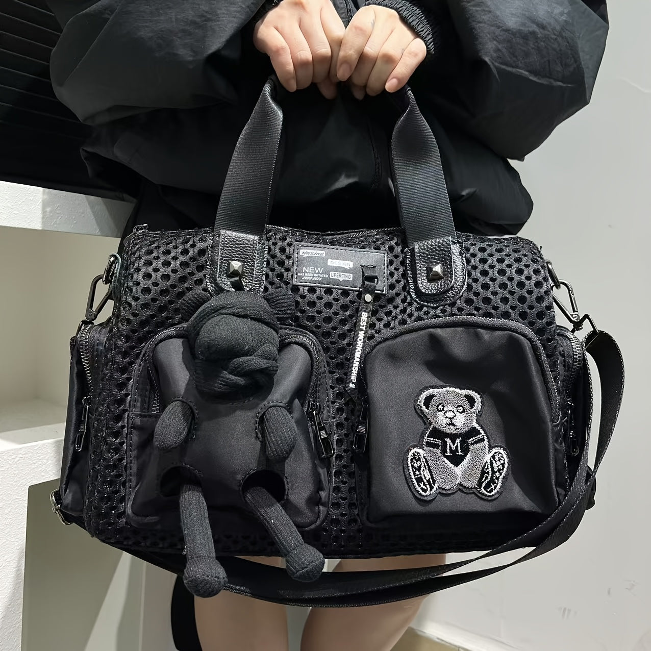 TEMU Chic Black Nylon Tote Bag For Women - Fashionable Multi- With Adjustable Strap, & Lightweight