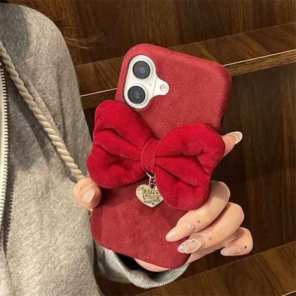 Vintage red plush Christmas bow phone case suitable for iPhone 16 15 13 12 Pro Max Fashion Love Heart shockproof back cover fund M241209