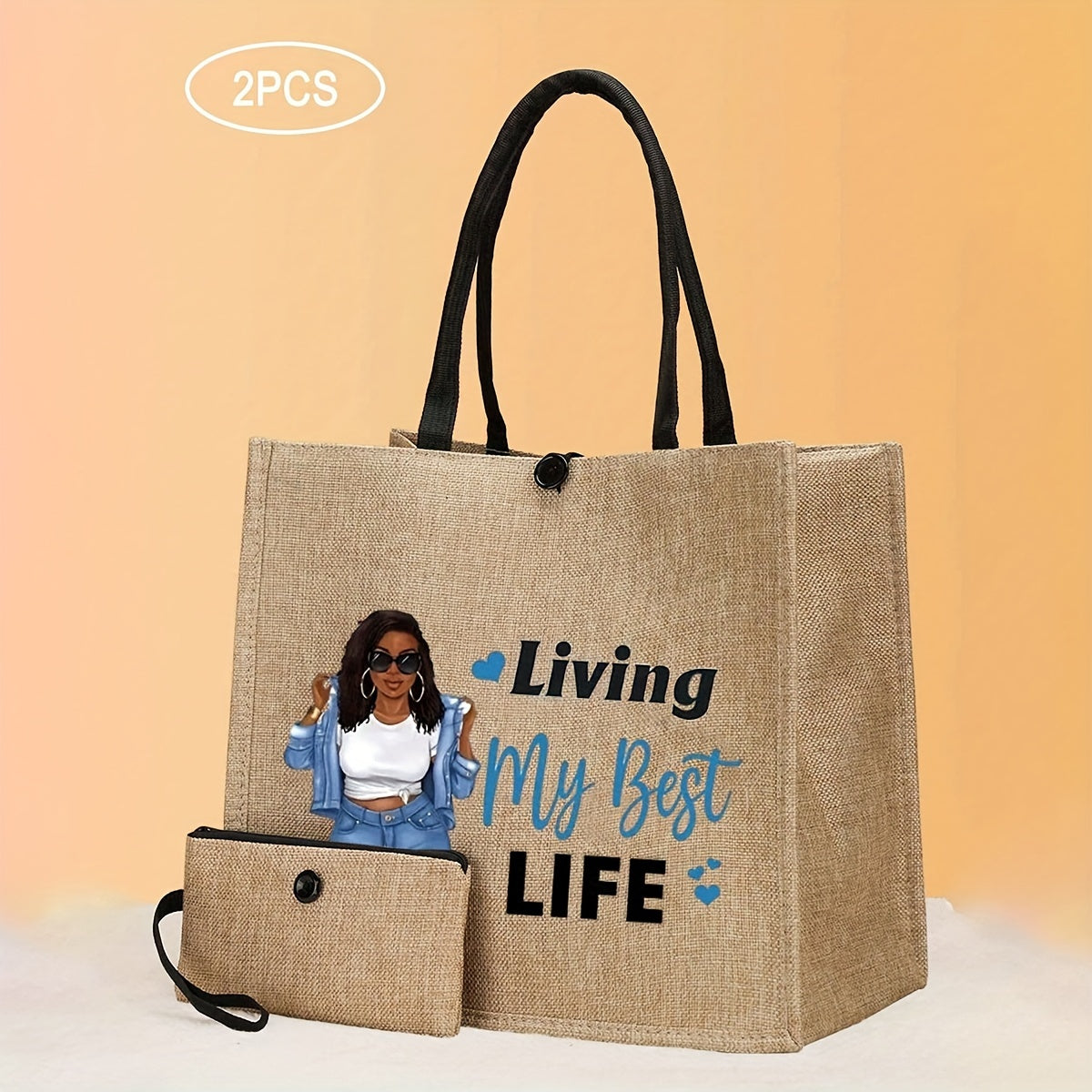 TEMU Chic 2pcs Tote Bag Set With Makeup Pouch - Lightweight, Large Capacity Burlap Shopping & Beach Bags - Travel, Teacher's Day, Day, Birthdays &