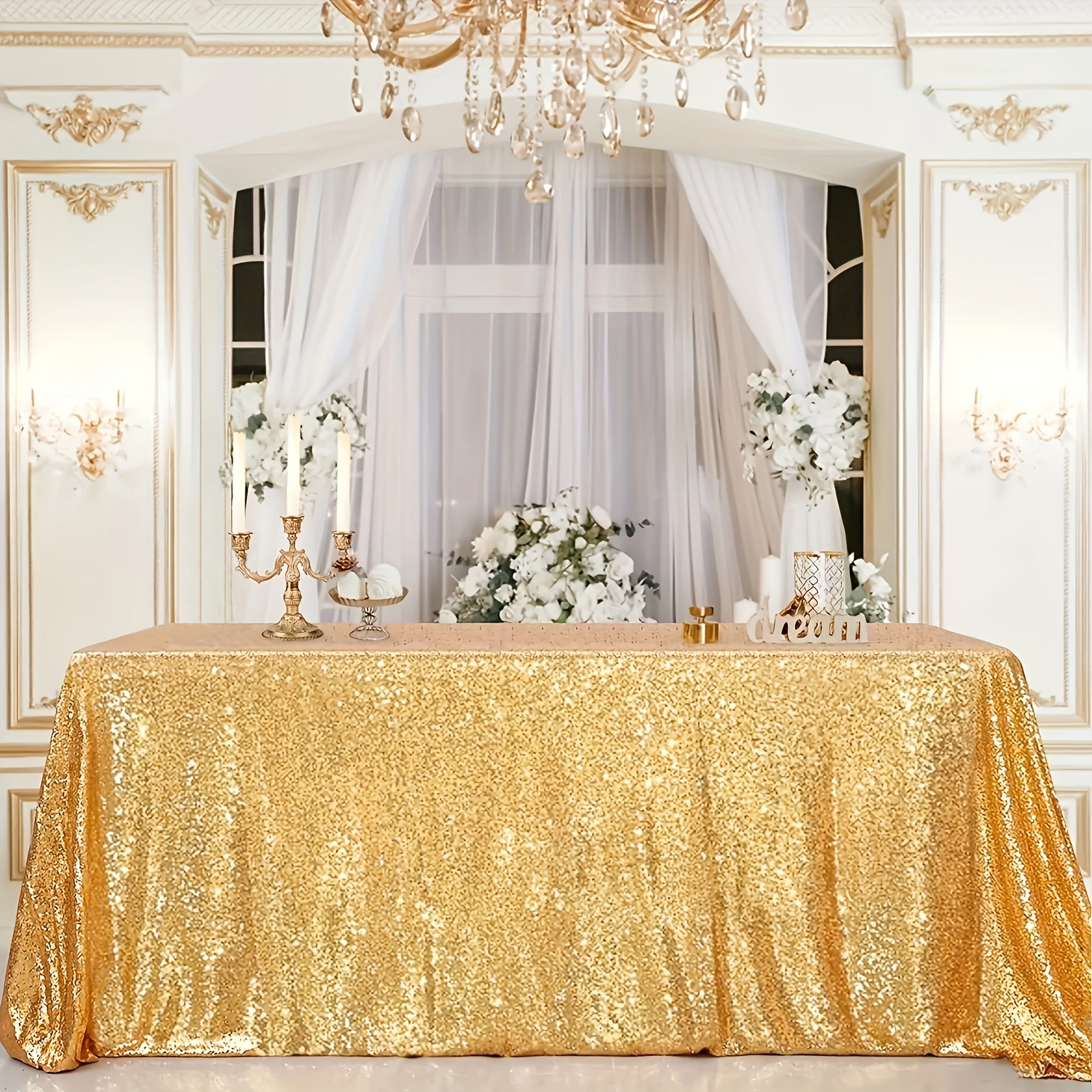 TEMU Golden Sequin Tablecloth 60 X 102 Inch, Rectangular Glitter Table Cover For Weddings, Birthday Parties, Valentine&;s Day, Bridal Gifts, Candy