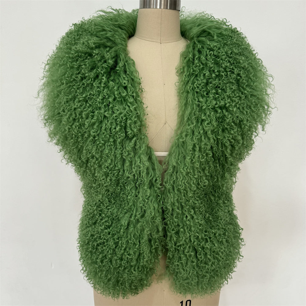 Fashionable Sheep Fur Tanks Genuine Mongolian Fur Women Halter V-Neck Fur Vest Top