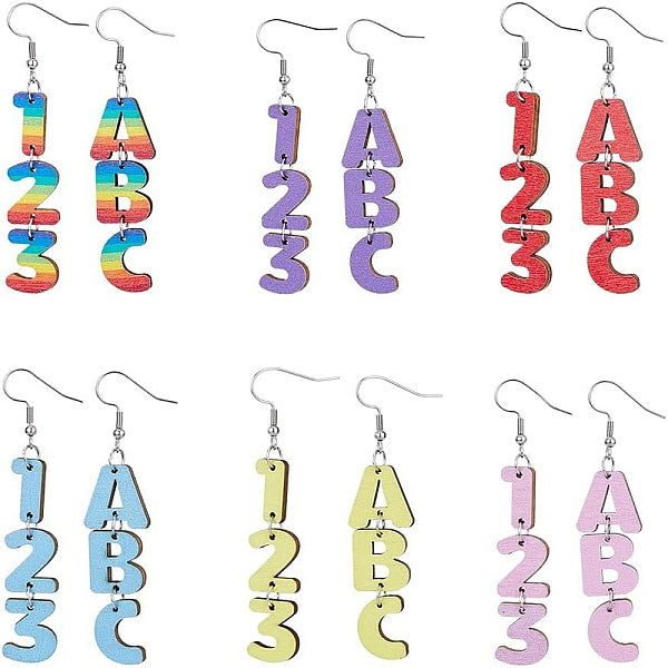 6 ensemble de boucles d'oreilles pendantes en bois de 6 couleurs avec épingles en fer