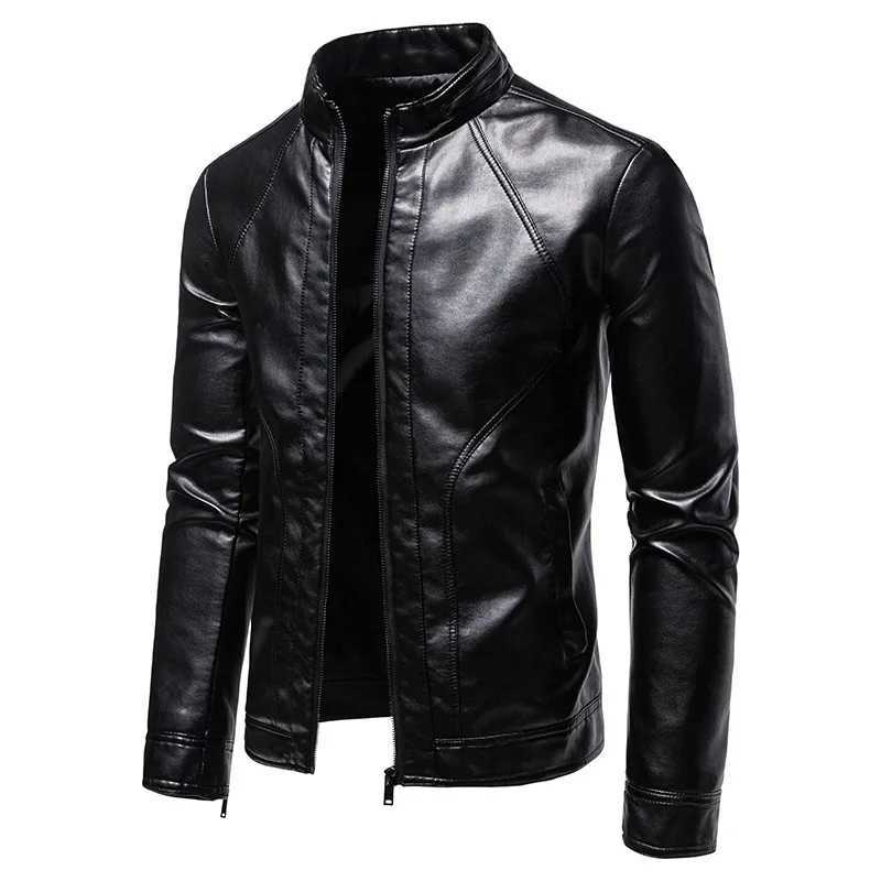 Spring and autumn mens motorcycle leather jacket fashionable slim fit stand collar black solid color windproof driving jacket bicycle jacket W240918
