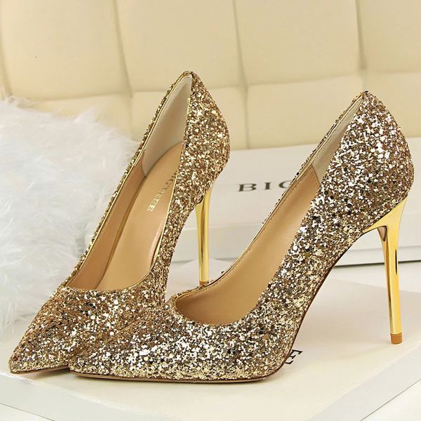 Women 7cm 9.5cm High Heels Pumps Wedding Bridal Scarpins Sparkly Mid Heels Lady Party Sequins Glitter Evening Gold Silver Shoes 241030