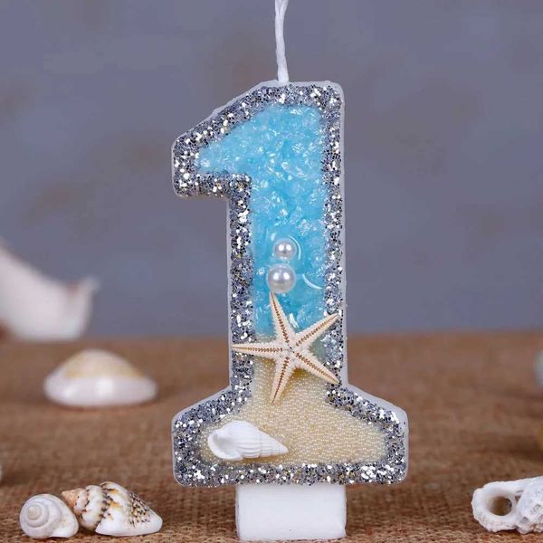 Butterfly Blue Shell Glitter Number Birthday Candles Cake Toppers Birthday Wedding Birthday Digital Cakes Dessert Decor Candle Y240815