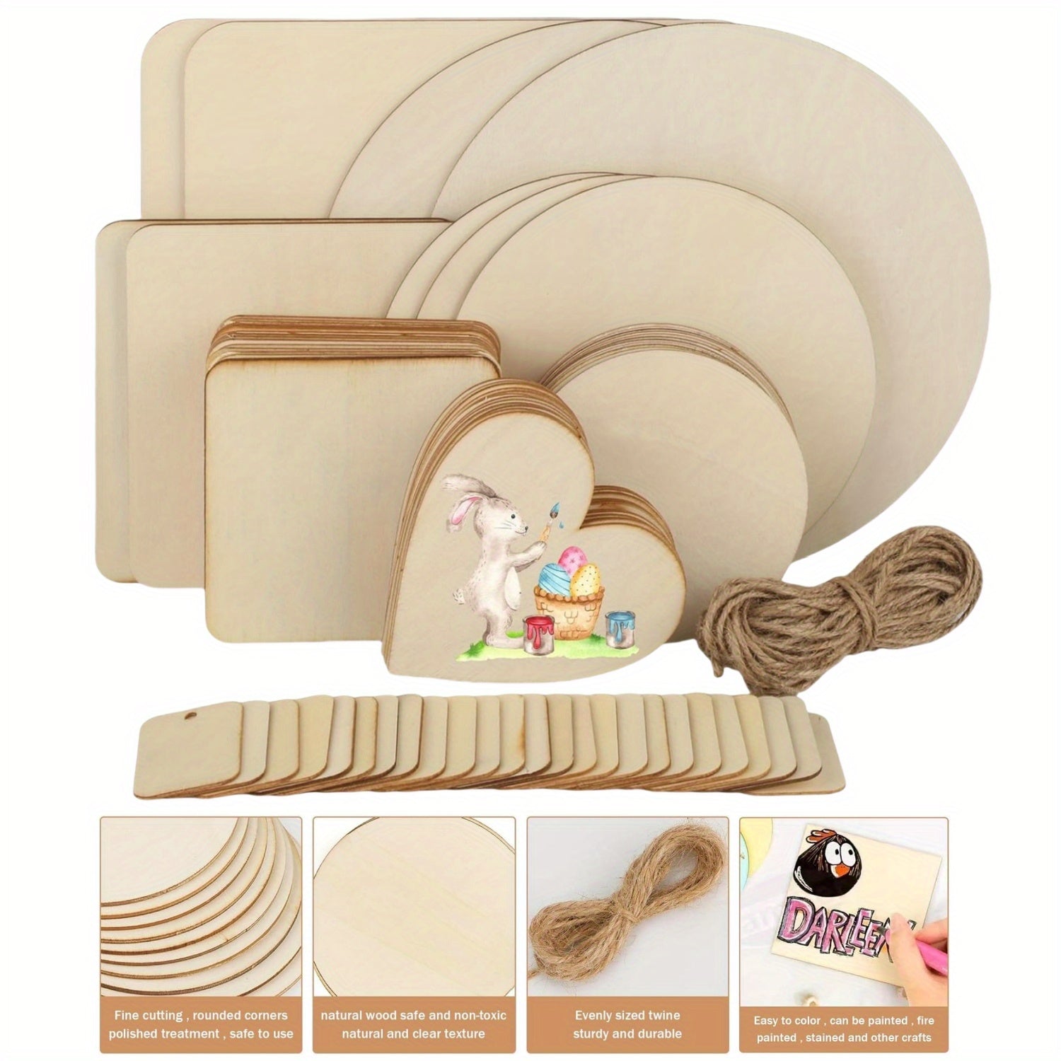 TEMU 65pcs Untreated Wooden Board Set For Handicrafts With Twine, Heart-shaped Mixed Wooden Slices Blanks Decorative Sign, Painting Writing Wooden