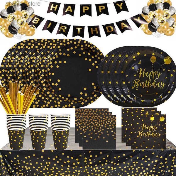 Disposable Dinnerware Black Gold Birthday Disposable Tableware Set Paper Plates Cups Napkins Tablecloth Adult Happy Birthday Party Decoratio