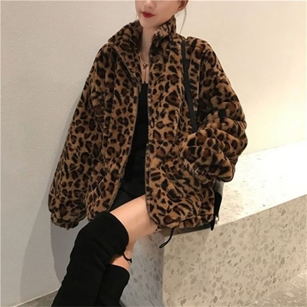 Women&#039;s Fur Faux Winter Leopard Print Jacket Stand collar Warm Parkas Outwear Autumn Korean Female Loose Coats 220928
