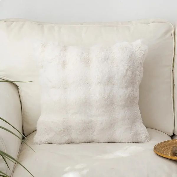 1pc Solid Color Fur Plush Pillow Soft Glutinous Sofa Waist Cushion Decorative Rabbit Velvet Throw Cover 240731