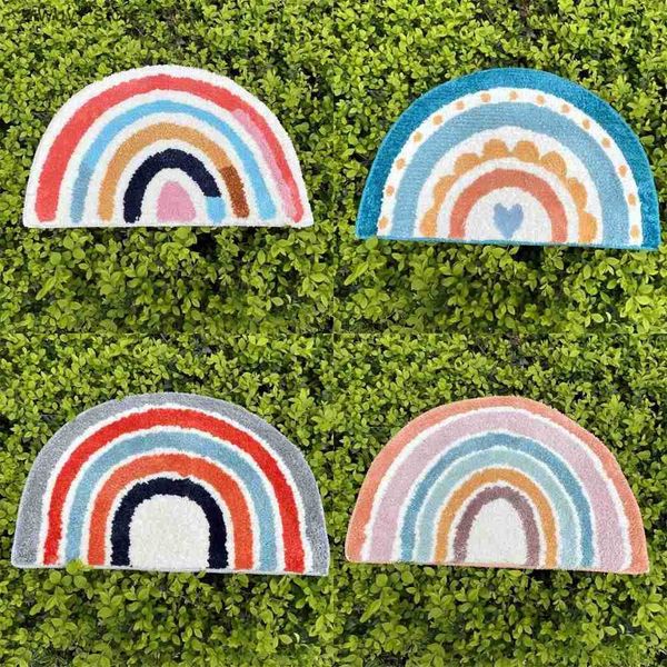 Carpets Fluffy Bathmat Floral Rainbow Rug Nordic Flocking Mat Bathroom Carpet Anti-Slip Floor Bath Mat Welcome Doormat Home Decor L240910