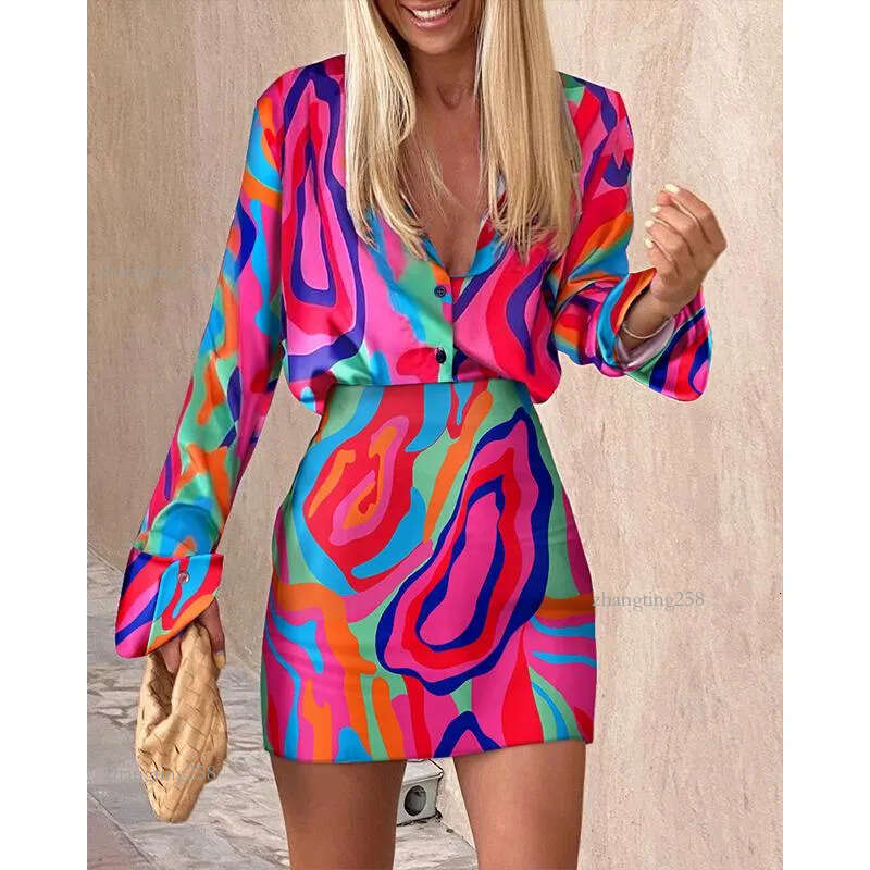 Work Dresses Fashion Women Summer Two Pice Dress Turn-down Collar Abstract Print Long Sleeve Button Down Casual Shirt & Mini Skirt SetWo