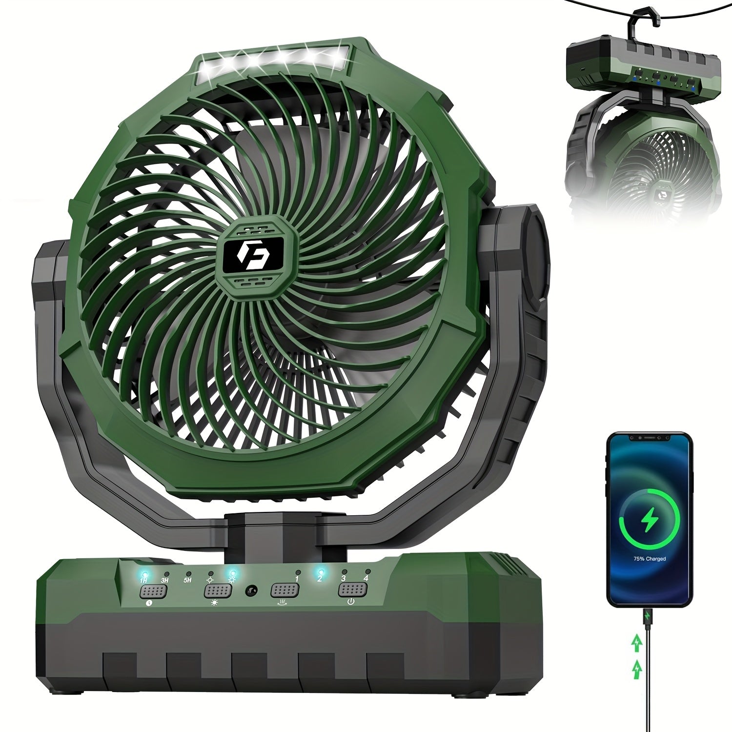 TEMU Portable Camping Fan With Led Lanterns - 24000mah Power, Usb Rechargeable Battery-powered Fan, Desktop Cooling For Outdoor, Camping, Emergencies