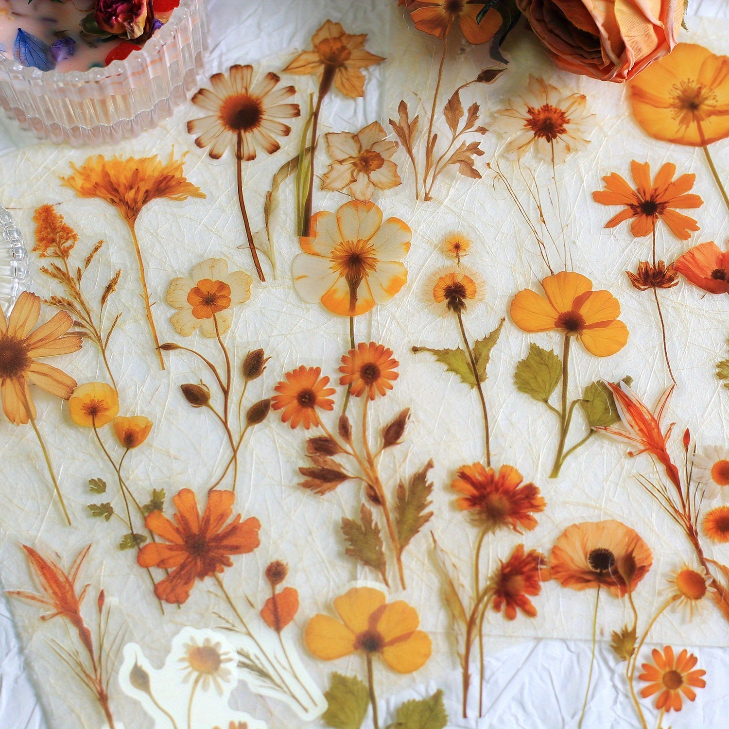 TEMU 50pcs Transparent Pressed Flower Stickers - Floral Decals For Scrapbooking & Journaling, Clear , Irregular Shapes, Self-adhesive, Crafting And