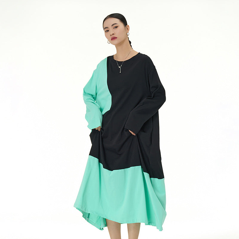 Korean style splicing contrast color super large swing skirt 2025 spring new large size women&#039;s loose slim dress D02248