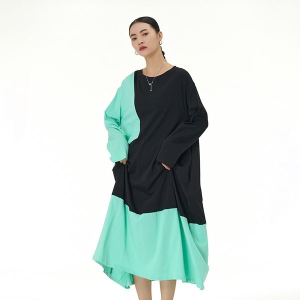 Korean style splicing contrast color super large swing skirt 2025 spring new large size women&#039;s loose slim dress B2234