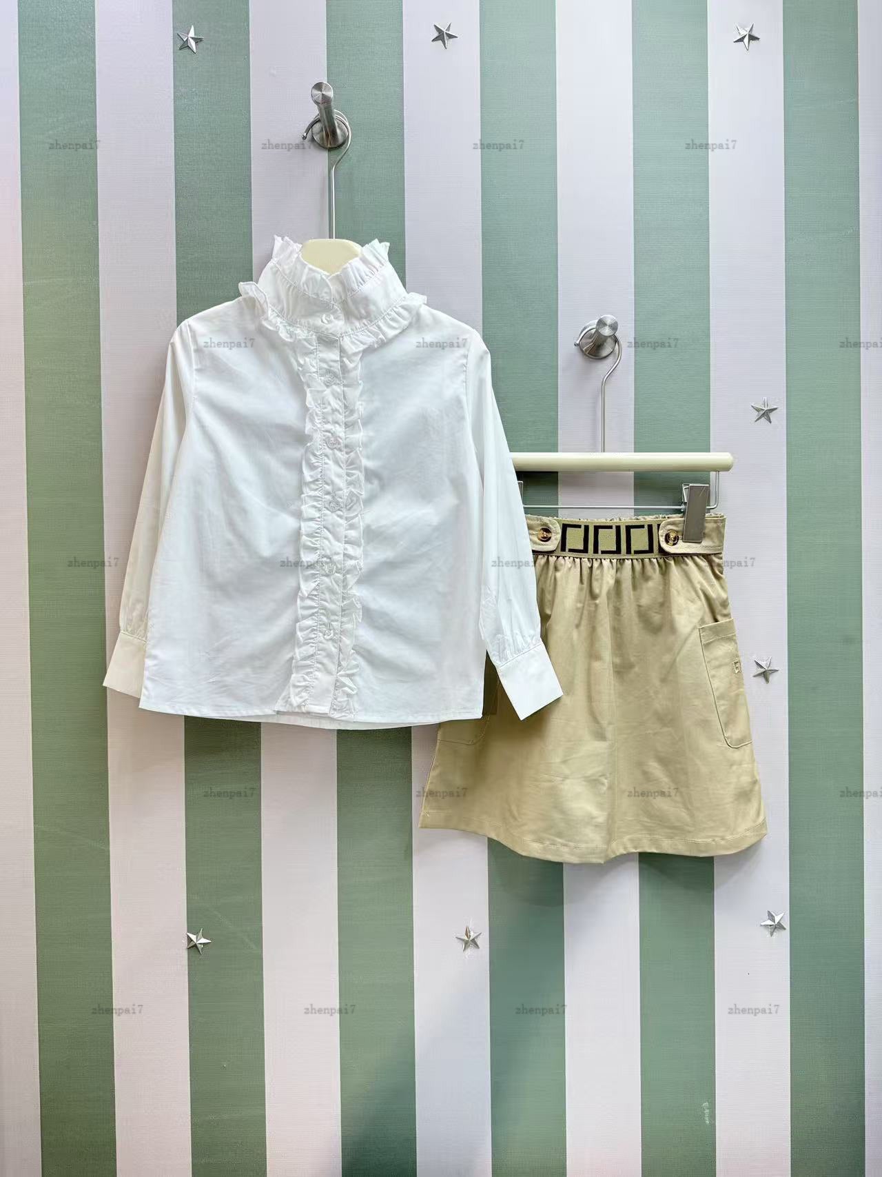 Top girls dress sets Ruffled design kids tracksuits designer baby clothes Long sleeved white shirt and short skirt A087X03N031