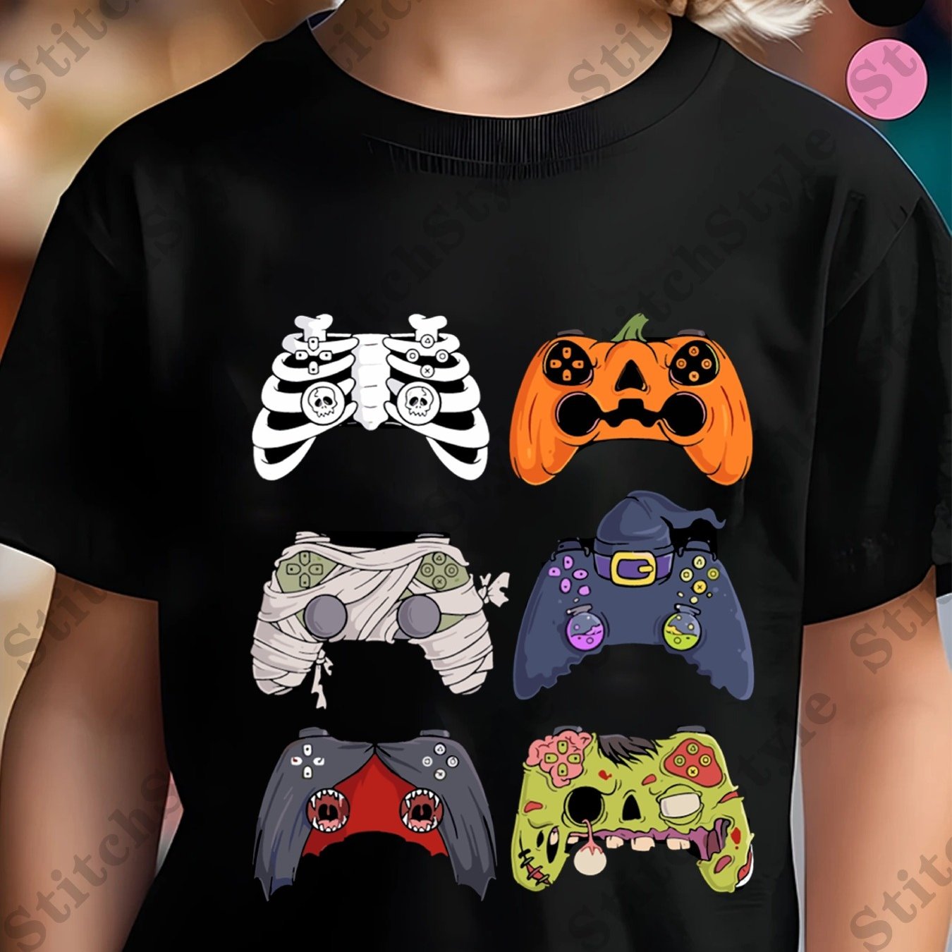 TEMU Halloween Skeleton Zombie Gaming Controllers Boys Kids T-shirt For Kids, Soft Fabric, Breathable, Comfortable Short Sleeve Tees Summer, Toddlers