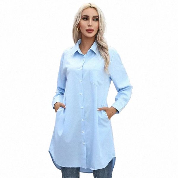 lg Shirt Women 2023 Vintage Pocket Shirts &Blouses Oversized Lg Sleeve Blouse Fi Women&#039;s Clothing Butt Up Womens Tops dress