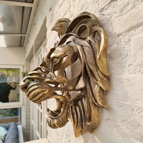 Rare Find-Large Lion Head Wall Mounted Art Sculpture Gold Resin Lion Head Art Wall Decor Kitchen Wall Bedroom dropshippin 250120