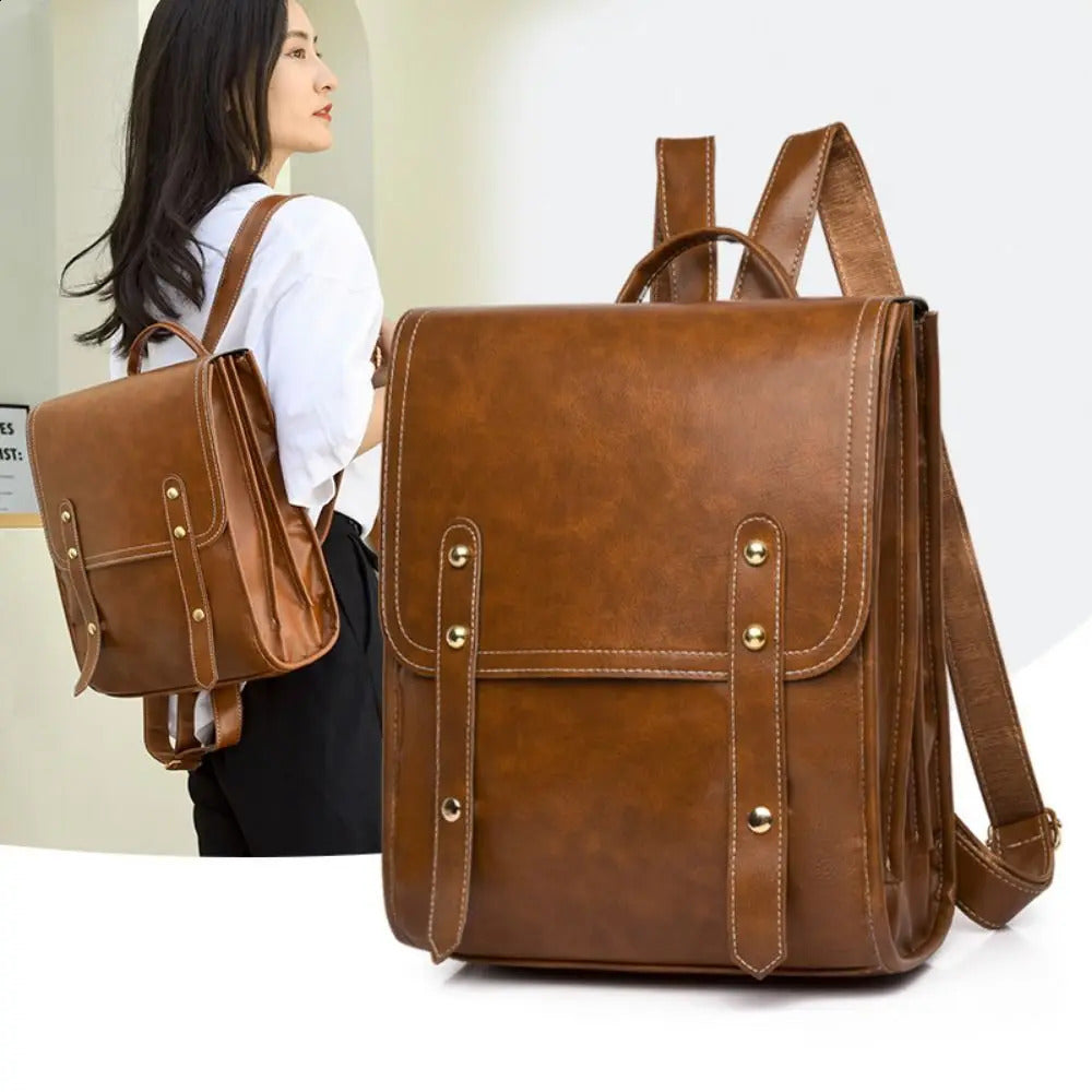 Pure leather backpack retro womens notebook bag brown synthetic leather backpack wallet weekend travel bag 240918