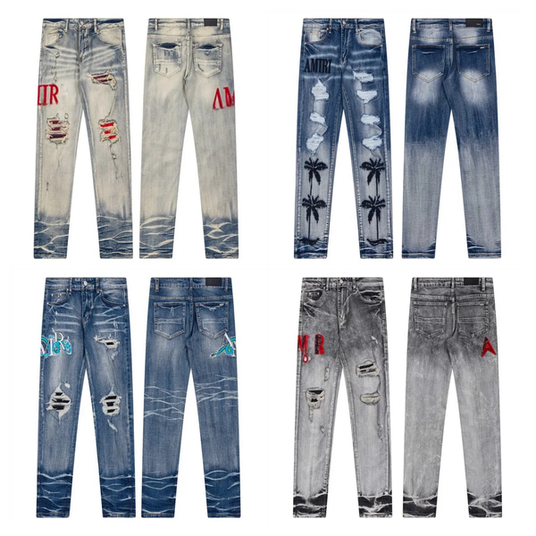 24ss new mens high quality men jeans cool style designer pant distressed ripped biker black blue jean slim fit motorcycle size M-2XL