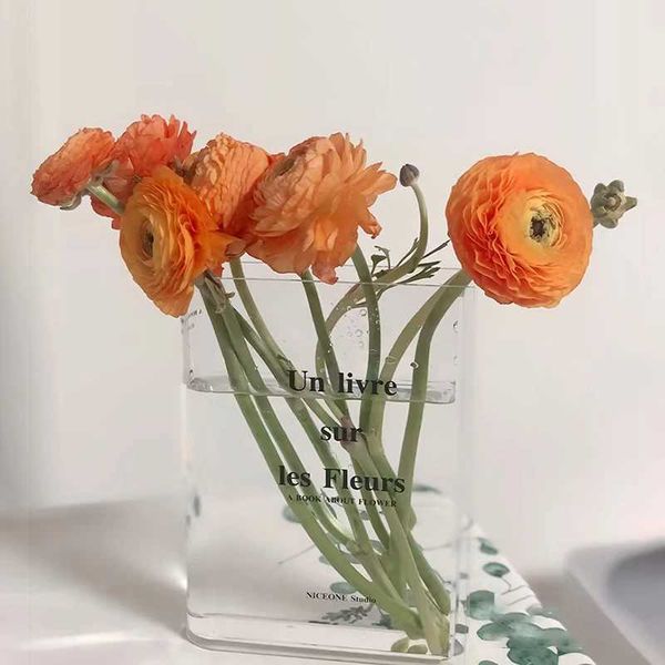 Vases Clear Book Vase Acrylic Clear Letter Print Flower Vase Nordic Flower Arrangement Container Desktop Bookshelf Decoration Home Decoratio