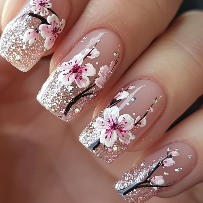 TEMU 24pcs Spring-summer Glossy Floral Press-on Nails, Medium-short Fake Nails, Chinese Style With Peach Pattern And Glitter Design, Reusable Nail