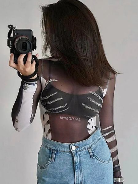 Skinny Bodys Para Mujer De Vestir Aesthetic Bodysuit Casual Slim Print Skulls Graphic OnePieces Bodycon See Through Streetwear 240423