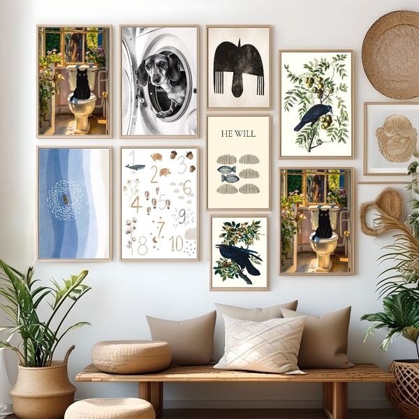 1 piece unframed painting print, minimalist, Vintage bird art, crow and plants, creative waterproof canvas poster, bedroom, office