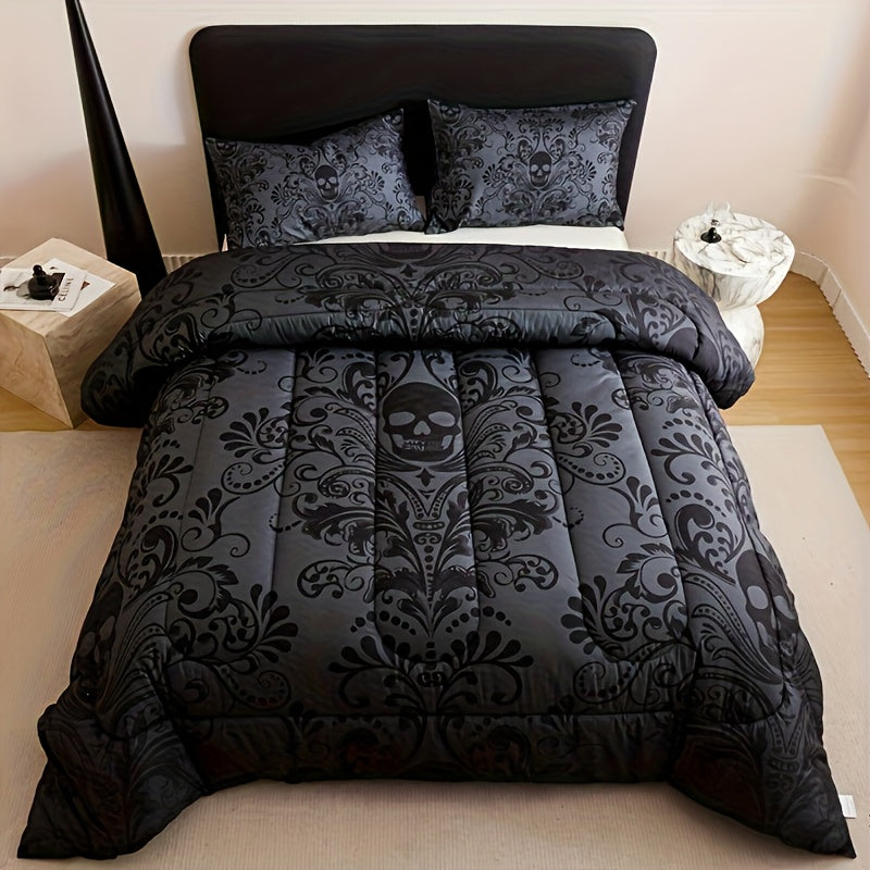 TEMU 3pcs Gothic Victorian Baroque & Ornate Pattern Bedding Set - Heavyweight 180gsm Quilt With 2 Pillowcases, Black & Gray Damask-like Design, Soft