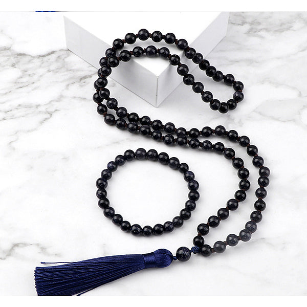 Conjuntos de collares y pulseras con colgantes y cuentas redondas de piedra dorada sintética azul