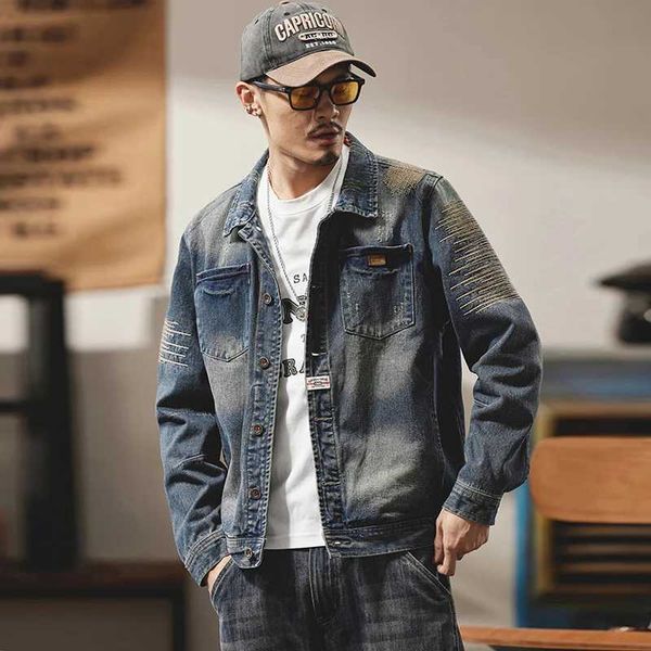 Men's Jackets Street Fashion Men Jeans Retro Washed Blue Embroidery Designer Ripped Denim Jacket Men Bomber Coats Hip Hop Chaqueta Homb