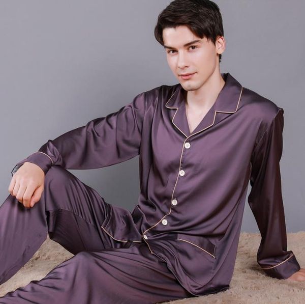 Ice Silk PJs Summer Collection - Comfortable Homewear with Classic Collar Design Thin Long Sleeve Autumn Home Dress for Men
