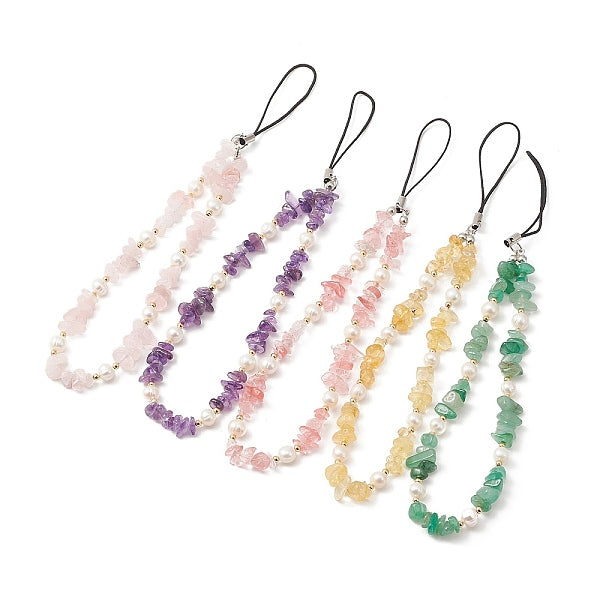 Gemstone Chips & Cultured Freshwater Pearl Beaded Mobile Straps