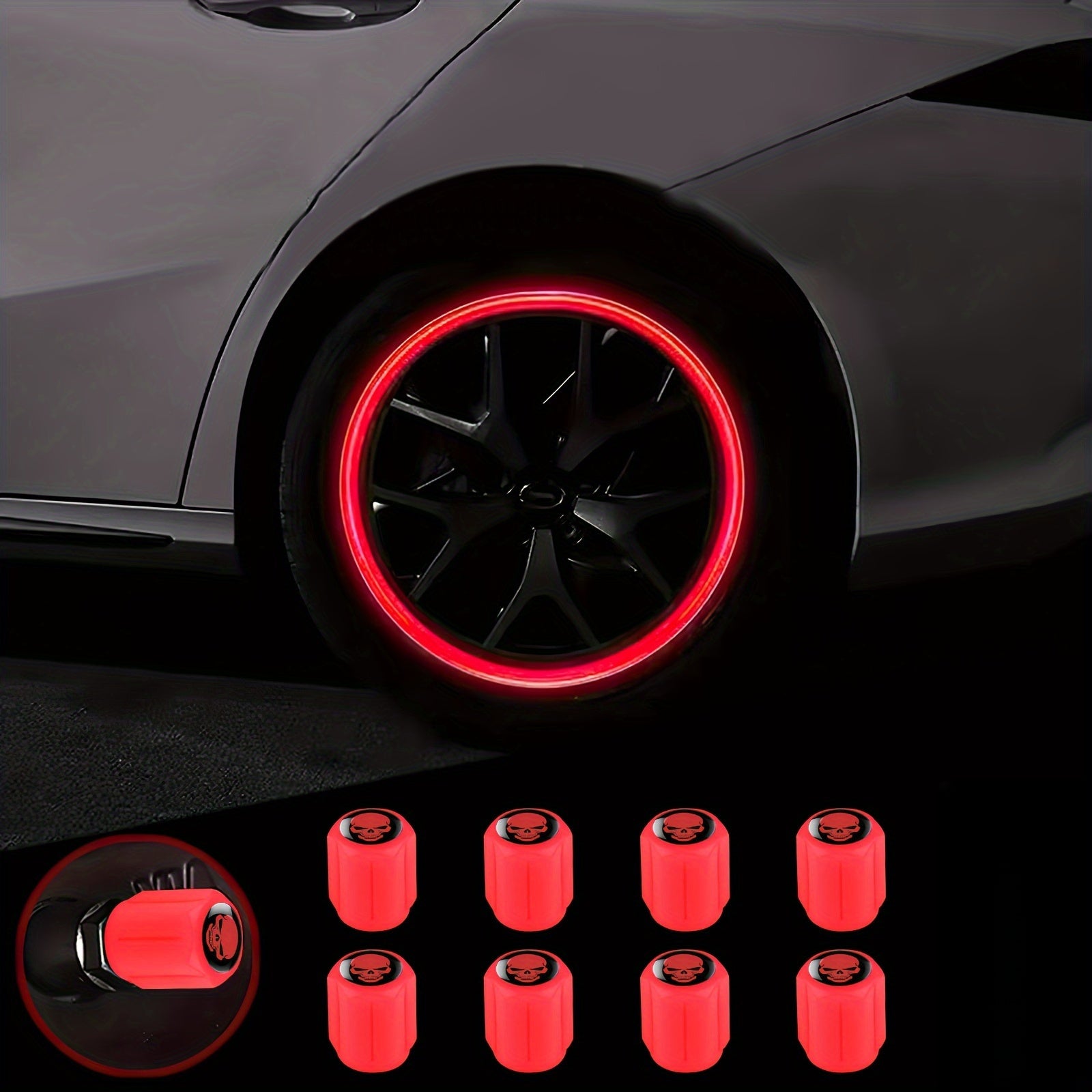 TEMU 4-pack Red Neon Glow Tire Valve Covers - Leak-proof, Stylish Design For Cars, Motorcycles, Bicycles & Trucks - Durable Rubber Material, ,