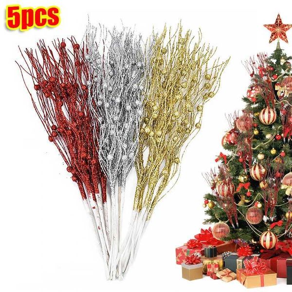 1-3-5Pcs Christmas Artificial Glitter Berry Stem Branches Xmas Tree Ornament New Year Home Decoration DIY Vase Filler 2025 PartyXJ241212
