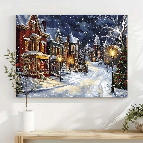 Christmas Eve Scene Canvas Wooden Frame Snow Street Victorian Style Community Decoration Holiday Wall Decoration Y250114