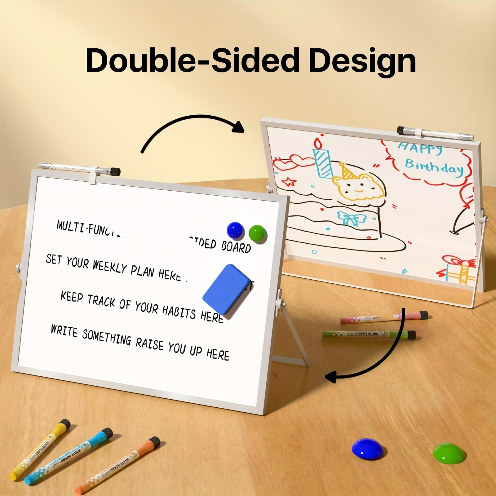 TEMU 18pcs Dry Erase White Board With Stand, Double-sided Weekly Whiteboard 12"x16", 10 Markers, 6 Magnets, 1 Eraser, Portable Desktop Whiteboard For