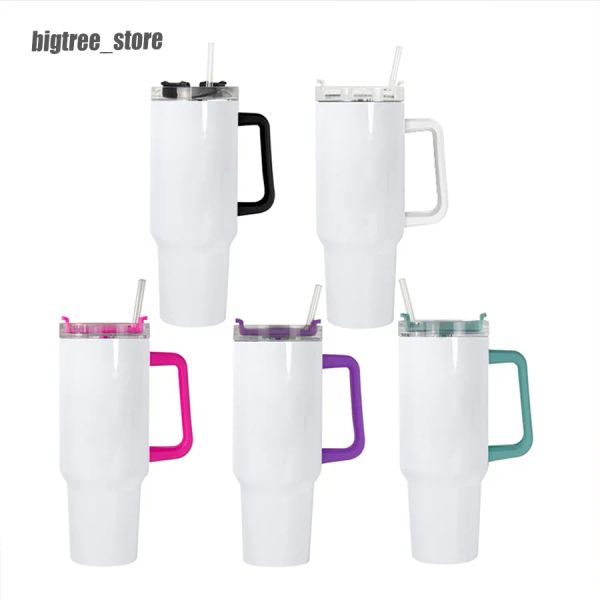 40oz Sublimation Stainless Steel Tumbler with Colorful Handle Lid Straw, Big Capacity Beer Mug Water Bottle for Outdoor Camping, Vacuum LL