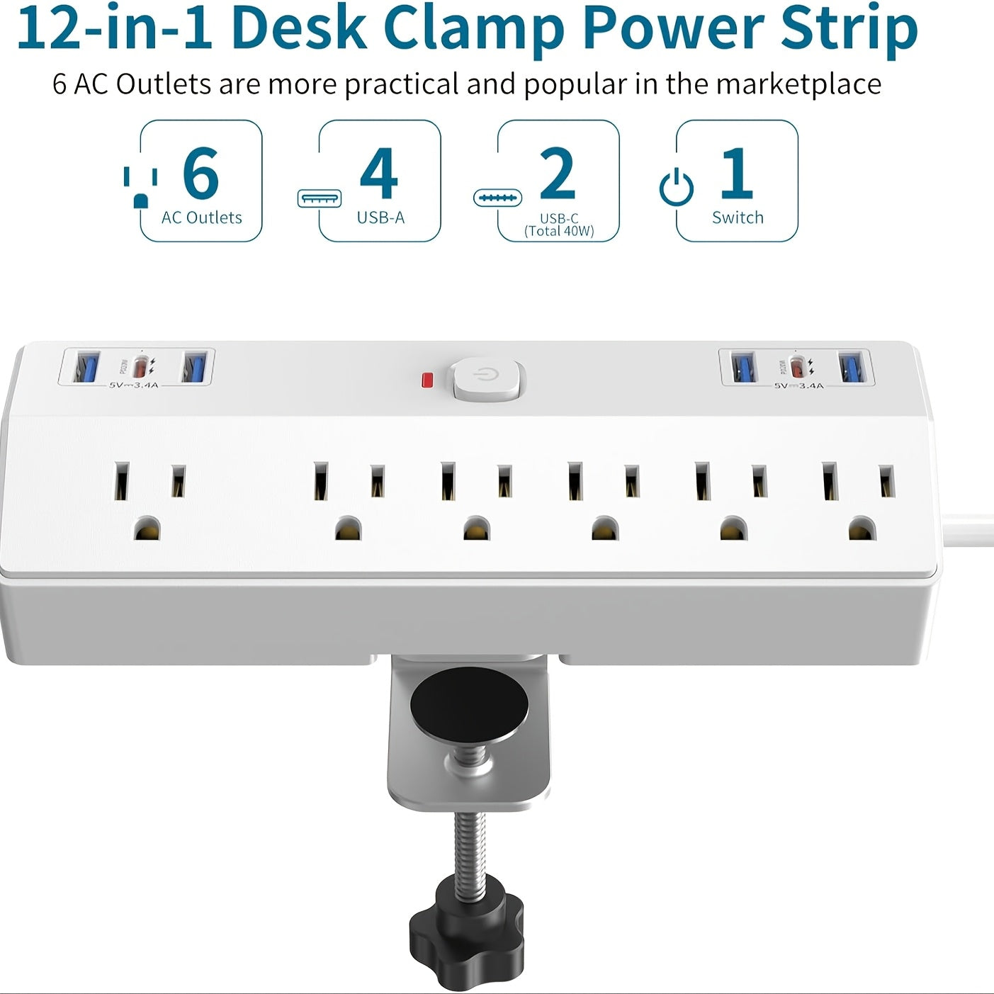 TEMU 40w Fast Charging Station, Desktop Clip Power Strip With 2 Pd Usb-c Ports, 6 Ac Outlets And 10ft Cable, Suitable For 2.48" Desktop Edge