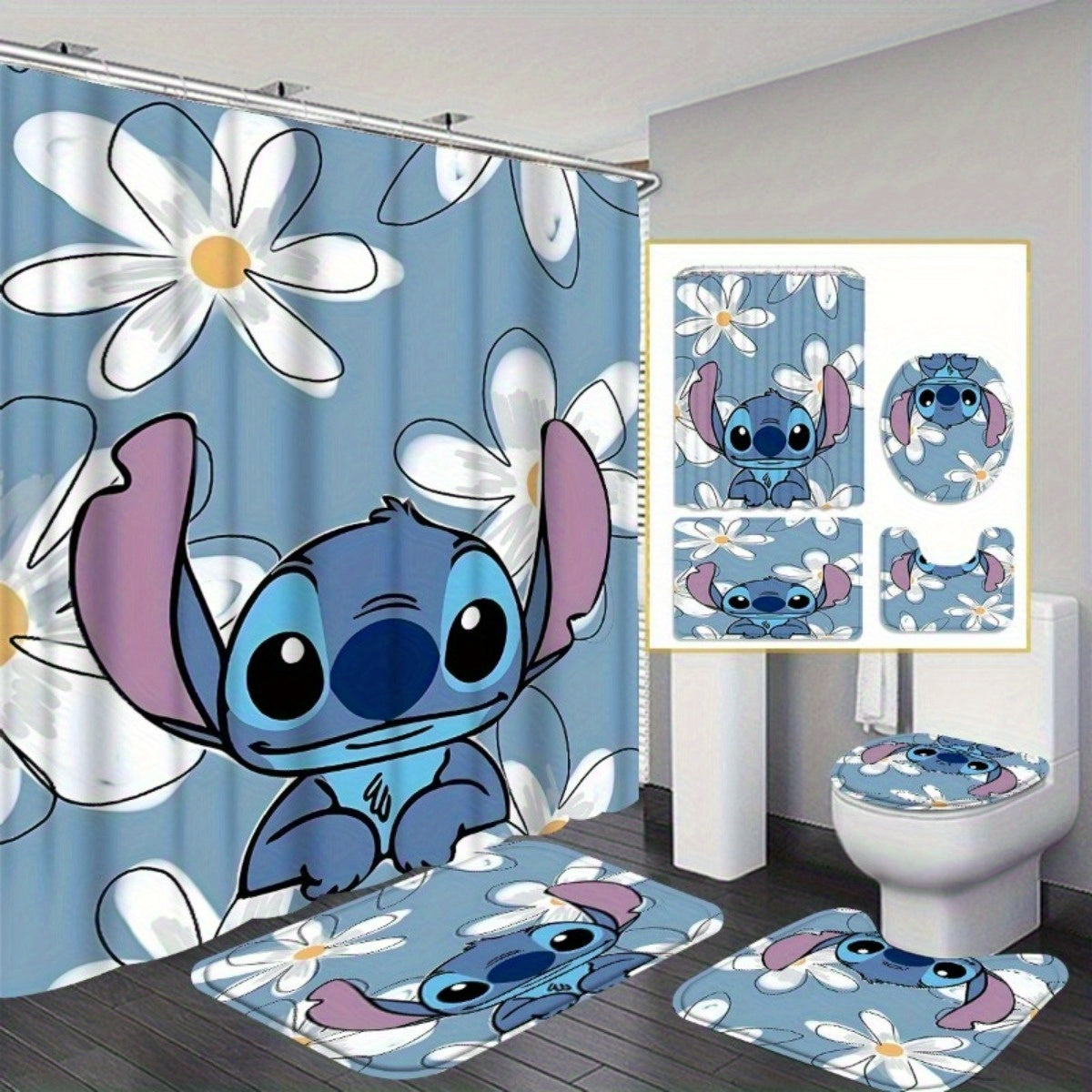 TEMU 1pc-4pcs Stitch, Background Pattern Shower Curtain, Modern Bathroom Decoration, Fabric Shower Curtain Set With 12 Hooks, Non-slip Bathroom Mat,