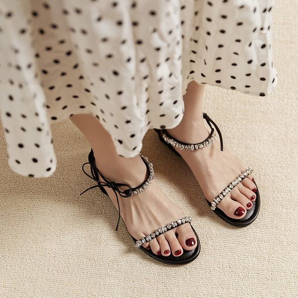 crystal beading narrow band gladiator sandals women ankle strap lace up Roman sandalias mujer 2022 luxury rhinestone sandales