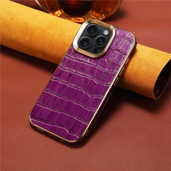 Luxury Plating Genuine Leather Phone Case for iPhone 16 Pro Max 5G Durable Sturdy Stylish Business Full Protective Crocodile Grain Back Cove