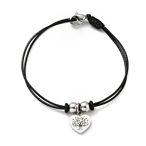 304 Edelstahl-Herz mit Lebensbaum-Charm-Armband mit gewachster Kordel für Damen
