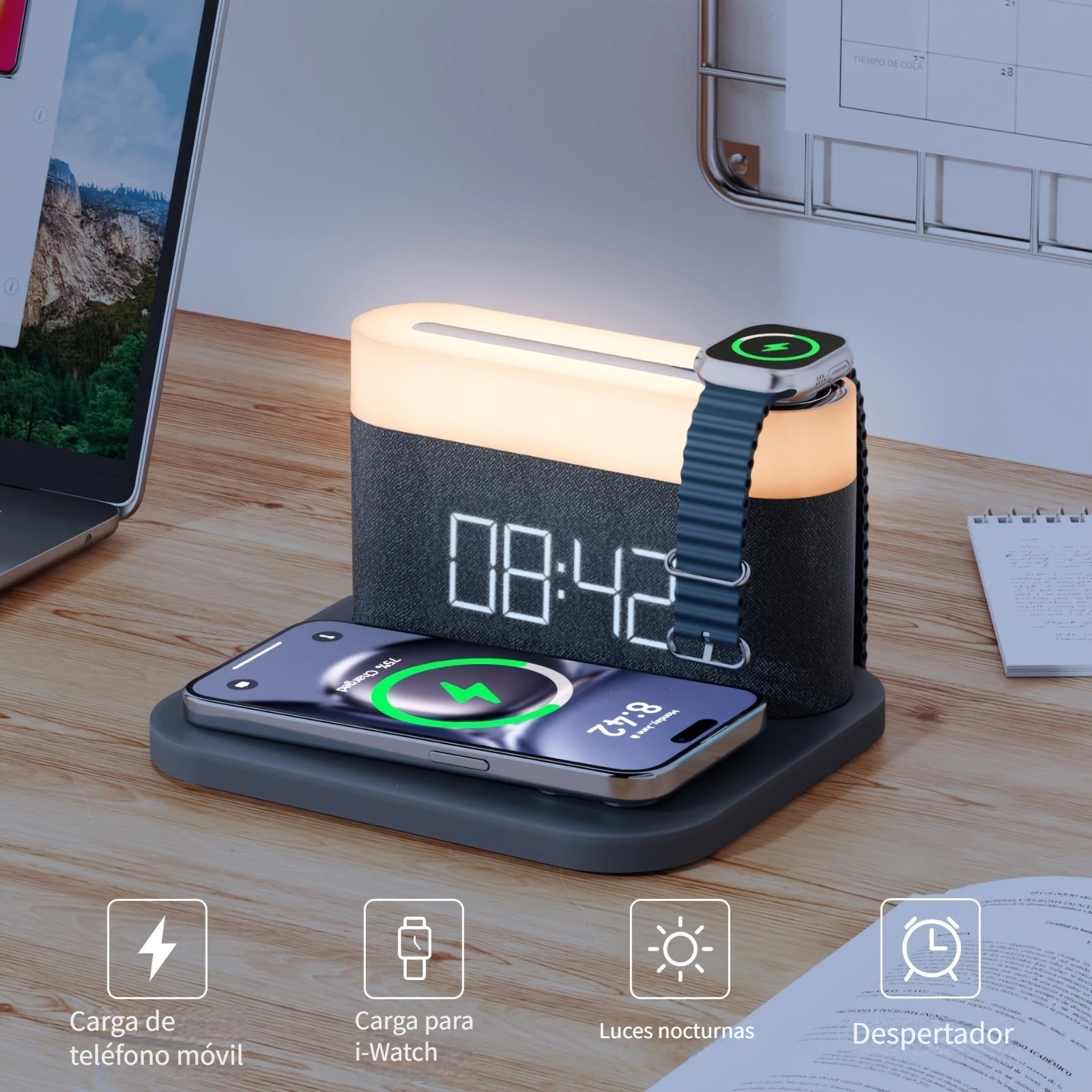 TEMU Digital Alarm Clock Led Night Light Suitable For Mobile Phones, Smartwatches, Wireless Charging, 15w Touch Bed Lamp, Adjustable Brightness, Qi
