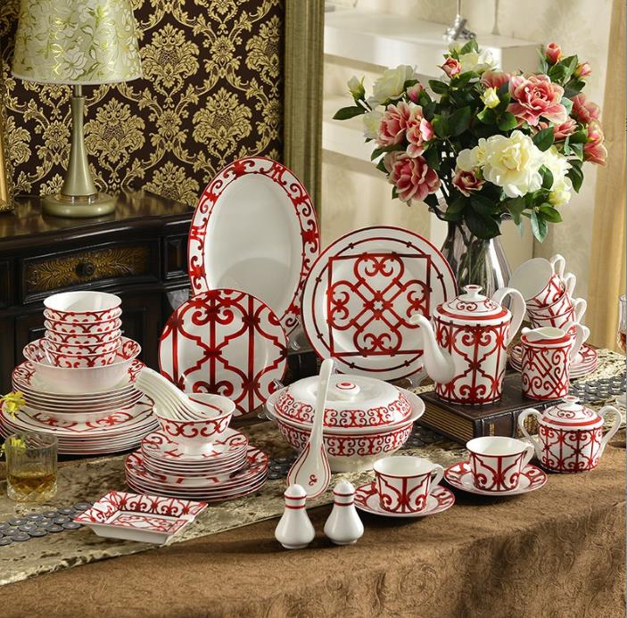 NEW Bone China Western Tableware 58 PCS Ceramic Dinnerware Set Chinese Red Color Porcelain Dishes Plates Cups And Saucers Kit Gifts