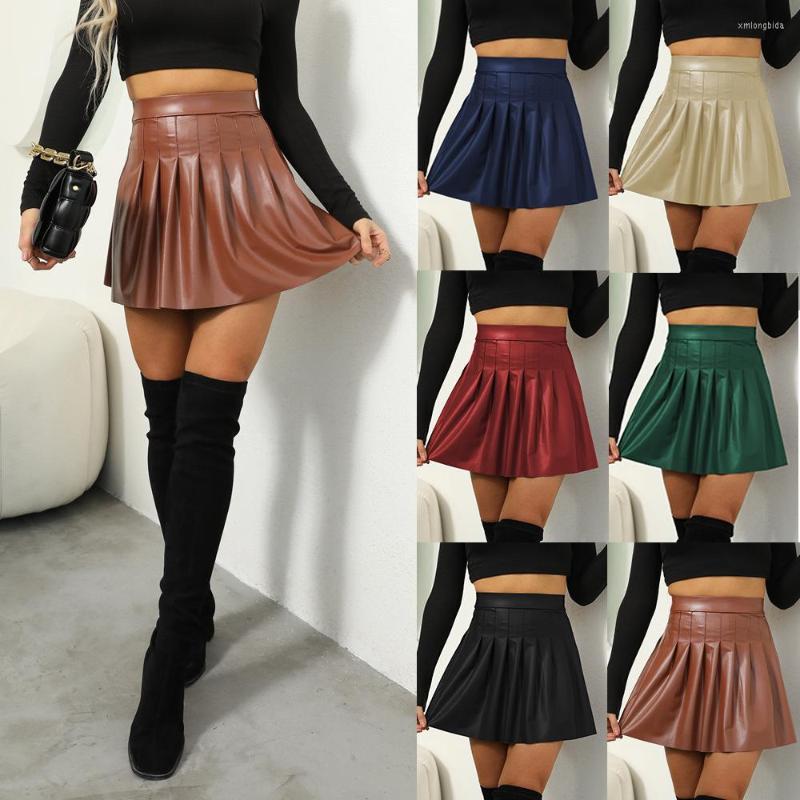 Skirts Women&#039;s Faux PU Leather Casual Clubwear High Waist Elastic Stretch Pleated A-Line Skirt WDC638
