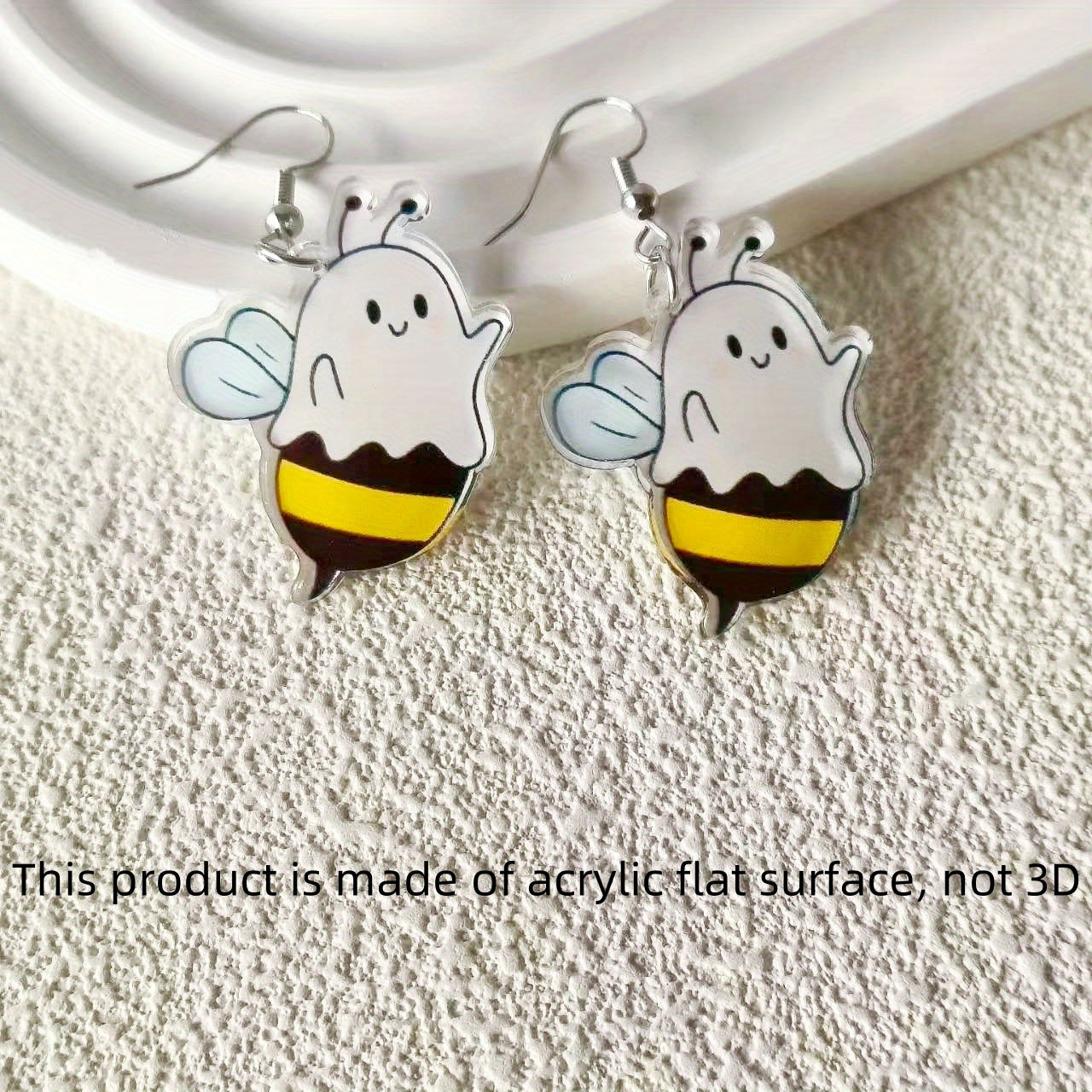 TEMU 2d Flat, 2d Acrylic Bee Earrings - Cute Cartoon Design With Striped Bodies, & Black , Iron Hooks For Casual Attire & Gift- (christmas, Birthday,