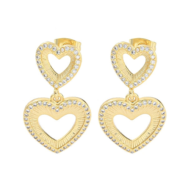 Boucles d'oreilles pendantes en forme de cœur creux en laiton pavé de zircone cubique transparent