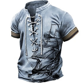 Voor heren T-shirt Henley-shirt Grafisch Schip Opstaand Kleding 3D-afdrukken Dagelijks Sport Korte mouw Veters Afdrukken Modieus Ontwerper Vintage